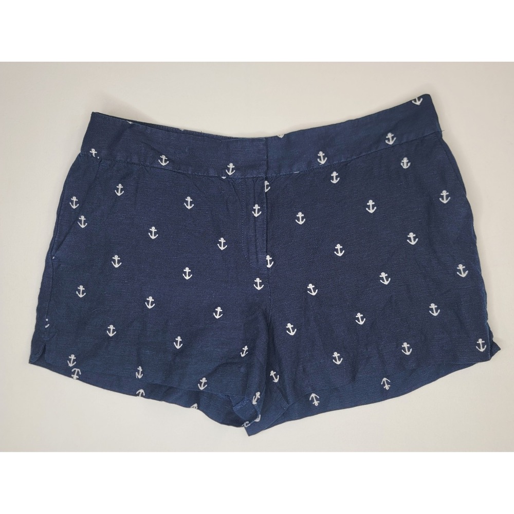 LOFT Anchor Print Shorts Womens Size 10 Navy Blue Linen Blend Nautical Coastal - Picture 2 of 9